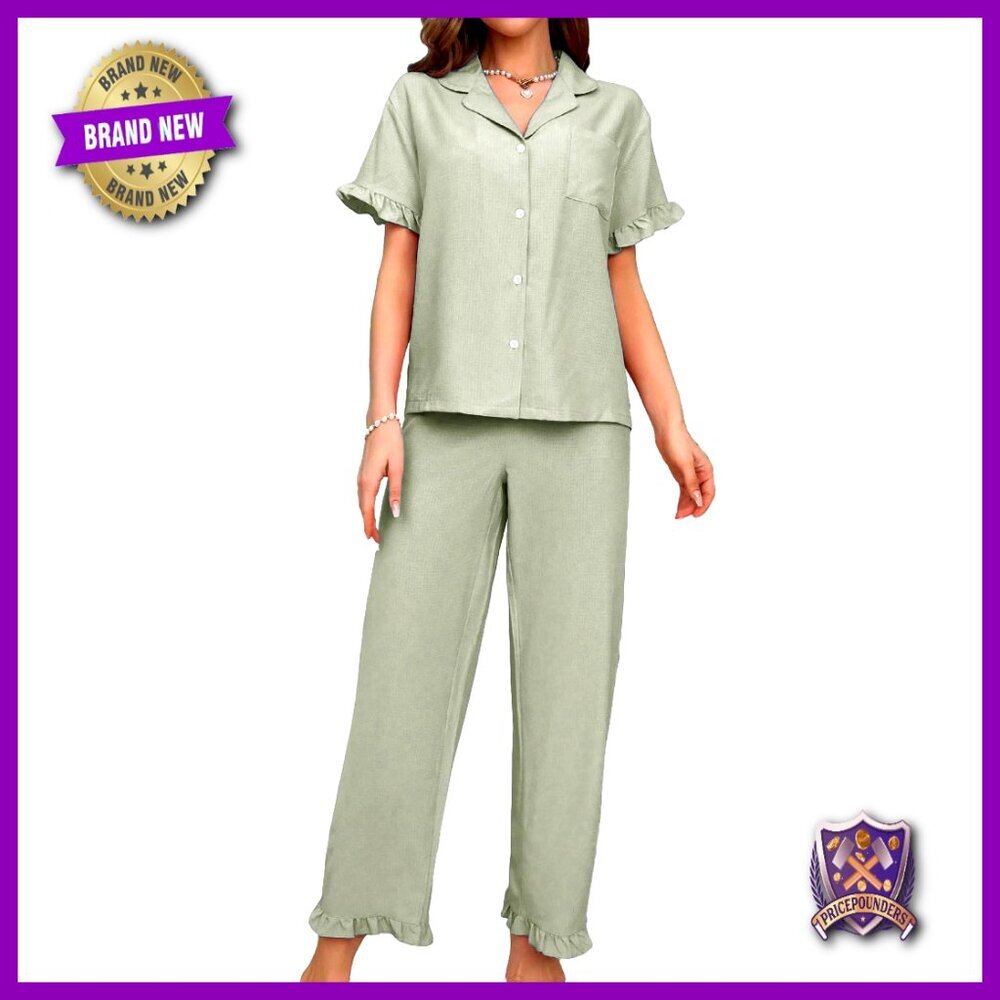 X-Large Polyester Pajama Set Short Sleeve Button Up Shirt Long Pants
